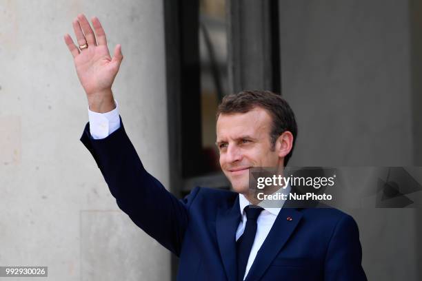 The President of the French Republic, Emmanuel Macron receives Sheikh Tamim bin Hamad Al Thani, Emir of the State of Qatar at the Elysée Palace, in...