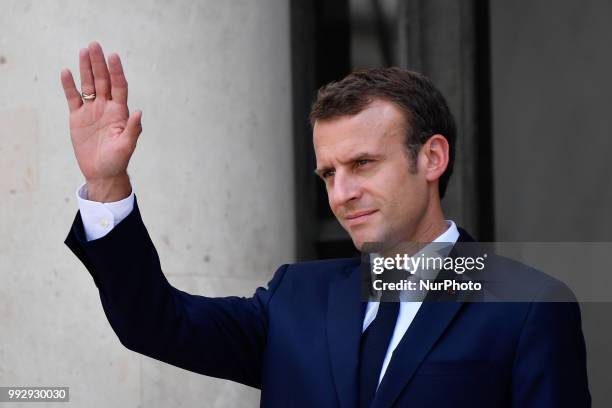 The President of the French Republic, Emmanuel Macron receives Sheikh Tamim bin Hamad Al Thani, Emir of the State of Qatar at the Elysée Palace, in...