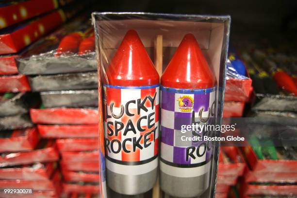 Package of rockets is pictured for sale at Phantom Fireworks in Seabrook, NH on July 3, 2018. Massachusetts bans all recreational fireworks, but that...