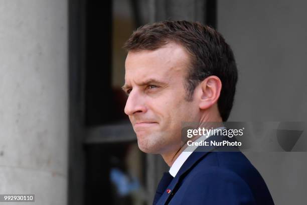 The President of the French Republic, Emmanuel Macron receives Sheikh Tamim bin Hamad Al Thani, Emir of the State of Qatar at the Elysée Palace, in...