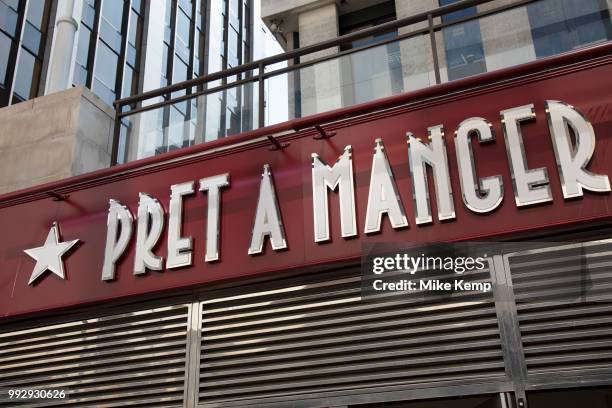 Sign for the sandwich shop and brand Pret A Manger in Birmingham, United Kingdom.