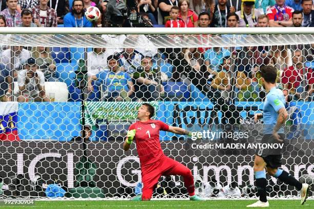 Uruguay's goalkeeper Fernando Muslera misses to save a goal during the Russia 2018 World Cup quarter-final football match between Uruguay and France...