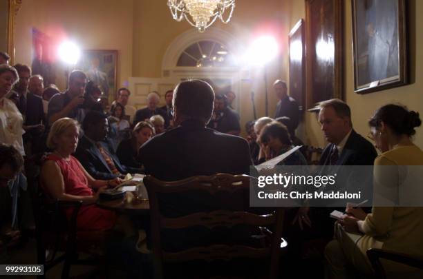 Sen. Trent Lott, R- Miss., catches up with the press at the first dugout since the Labor Day recess.