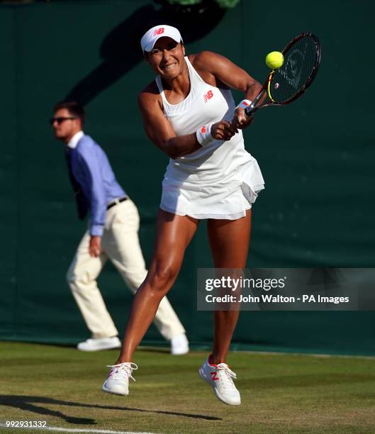 Heather Watson in action on day five of the Wimbledon Championships at the All England Lawn Tennis and Croquet Club, Wimbledon.