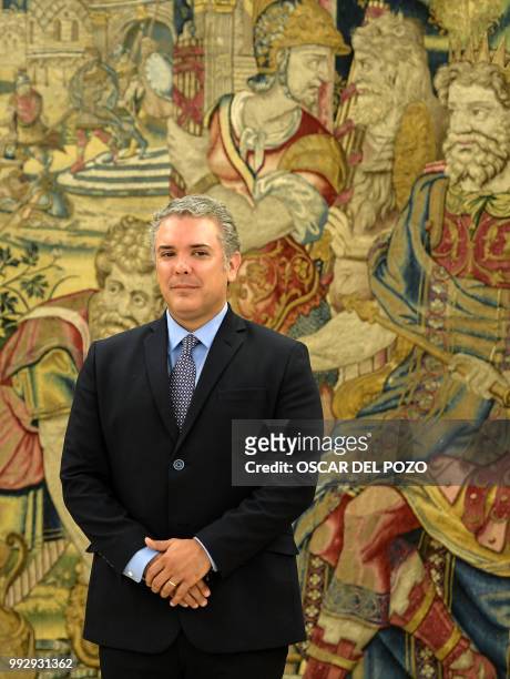 Colombian president-elect Ivan Duque waits to meet the Spanish king at La Zarzuela palace in Madrid on July 06, 2018.