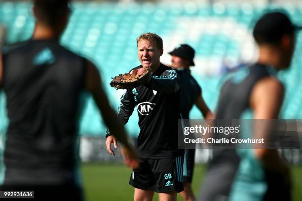 Gareth Batty of Surrey warms up during the Vitality Blast match between Surrey and Kent Spitfires at The Kia Oval on July 6, 2018 in London, England.