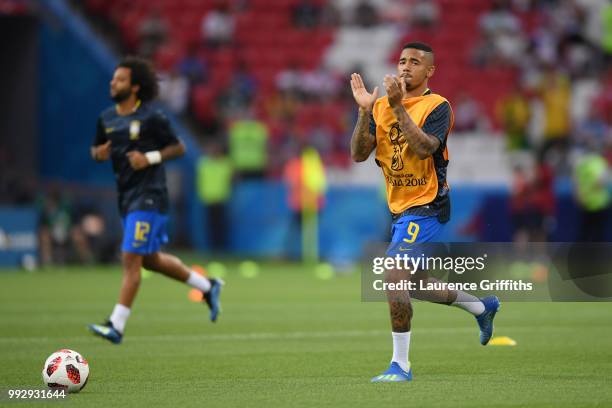 Gabriel Jesus of Brazil applauds fans during the warm up prior to the 2018 FIFA World Cup Russia Quarter Final match between Brazil and Belgium at...