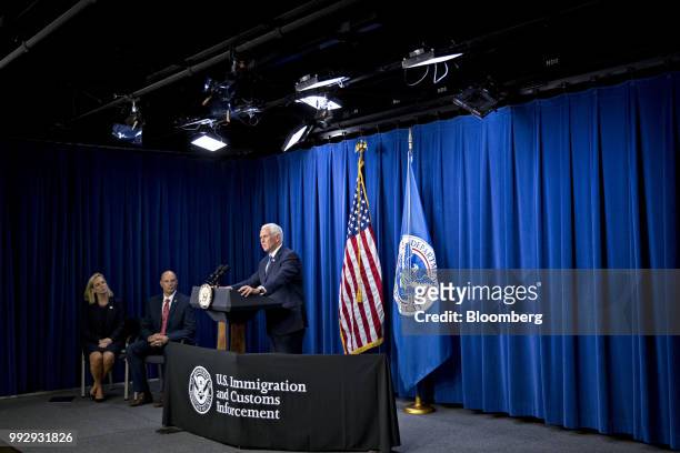 Vice President Mike Pence, right, speaks as Kirstjen Nielsen, U.S. Secretary of Homeland Security , left, and Ronald Vitiello, deputy director and...