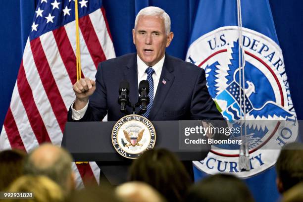 Vice President Mike Pence speaks at the U.S. Immigration and Customs Enforcement agency headquarters in Washington, D.C., U.S., on Friday, July 6,...