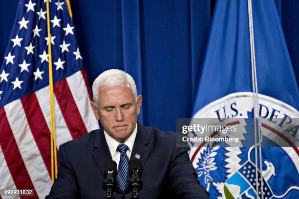 Vice President Mike Pence pauses while speaking at the U.S. Immigration and Customs Enforcement agency headquarters in Washington, D.C., U.S., on...