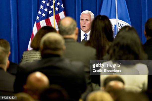 Vice President Mike Pence speaks at the U.S. Immigration and Customs Enforcement agency headquarters in Washington, D.C., U.S., on Friday, July 6,...