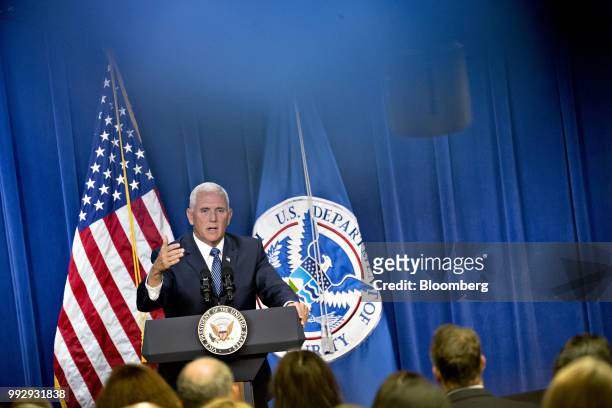 Vice President Mike Pence speaks at the U.S. Immigration and Customs Enforcement agency headquarters in Washington, D.C., U.S., on Friday, July 6,...