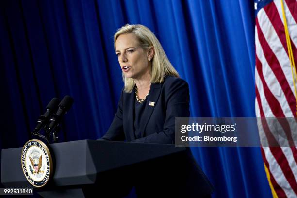 Kirstjen Nielsen, U.S. Secretary of Homeland Security , speaks at the U.S. Immigration and Customs Enforcement agency headquarters in Washington,...