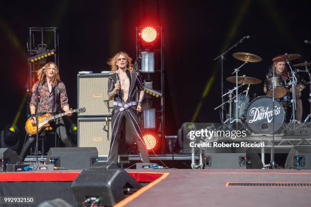 Dan Hawkins, Justin Hawkins and Rufus Tiger Taylor of The Darkness performs on stage during TRNSMT Festival Day 4 at Glasgow Green on July 6, 2018 in...