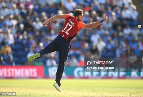 England bowler Liam Plunkett fields off his own bowling during the 2nd Vitality T20 International between England and India at Sophia Gardens on July...