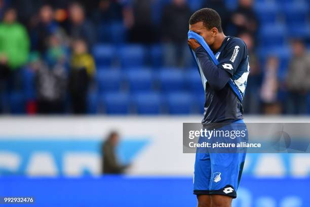 Hoffenheim's Kevin Akpoguma leaves after the Bundesliga soccer match between 1899 Hoffenheim and Borussia Moenchengladbach inthe Rhein Neckar Arena...