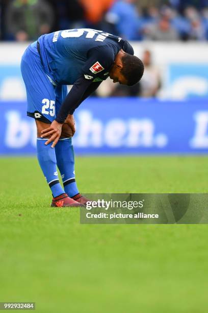 Hoffenheim's Kevin Akpoguma on the pitch after the Bundesliga soccer match between 1899 Hoffenheim and Borussia Moenchengladbach inthe Rhein Neckar...