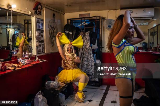Indonesian drag queen Donita Monro prepares before performing cabaret show in Mixwell bar on July 5, 2018 in Seminyak, Bali, Indonesia. For the past...