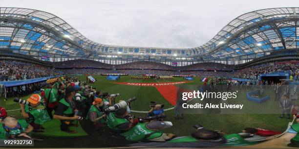 General view inside the stadium as teams line up during the 2018 FIFA World Cup Russia Quarter Final match between Uruguay and France at Nizhny...