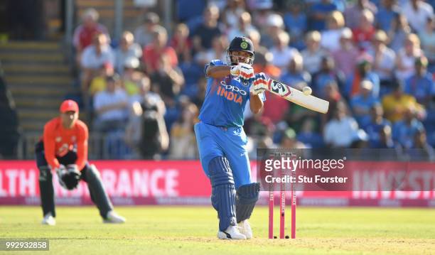 India batsman Suresh Raina hits out during the 2nd Vitality T20 International between England and India at Sophia Gardens on July 6, 2018 in Cardiff,...