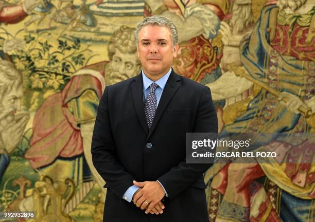 Colombian president-elect Ivan Duque waits to meet the Spanish king at La Zarzuela palace in Madrid on July 06, 2018.