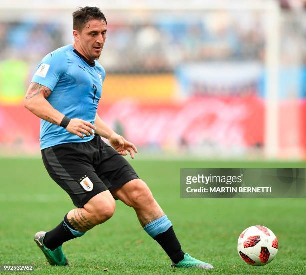 Uruguay's midfielder Cristian Rodriguez controls the ball during the Russia 2018 World Cup quarter-final football match between Uruguay and France at...