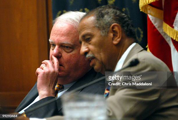 Chairman James Sensenbrenner, R-Wi., talks with Rep. John Conyers, D-Mi., at the House Judiciary Committee. They met on Partial-Birth Abortion, with...