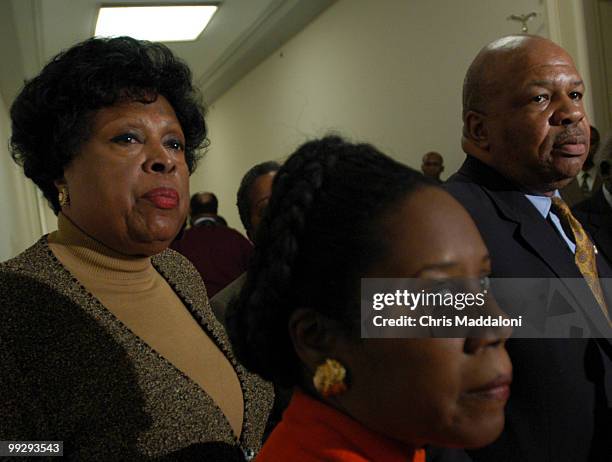 Rep. Diane Watson, D-Ca., Rep. Sheila Jacskon Lee, D-Tx., and Rep. Elijah Cummings, D-Md., at a press conference from the CBC on the President's...