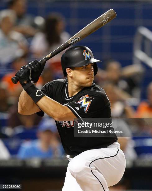 Realmuto of the Miami Marlins in action against the New York Mets at Marlins Park on June 29, 2018 in Miami, Florida.