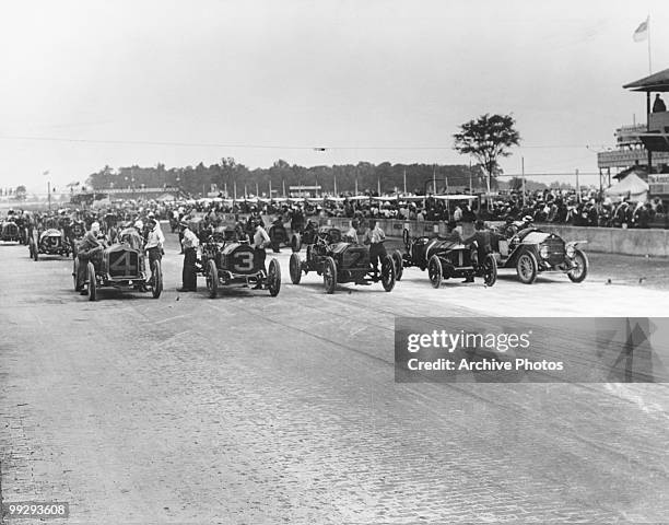 The starting line-up at the first ever Indianapolis 500 motor race at Indianapolis Motor Speedway in Speedway, Indiana, 1911. Front row, left to...