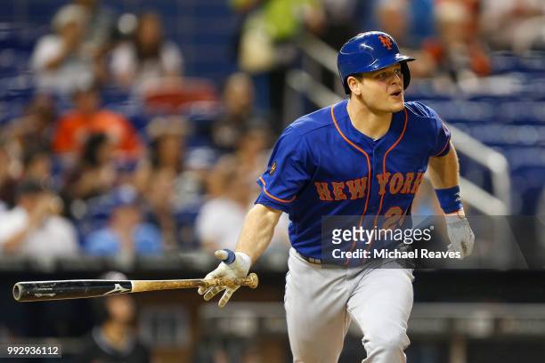Devin Mesoraco of the New York Mets in action against the Miami Marlins at Marlins Park on June 29, 2018 in Miami, Florida.