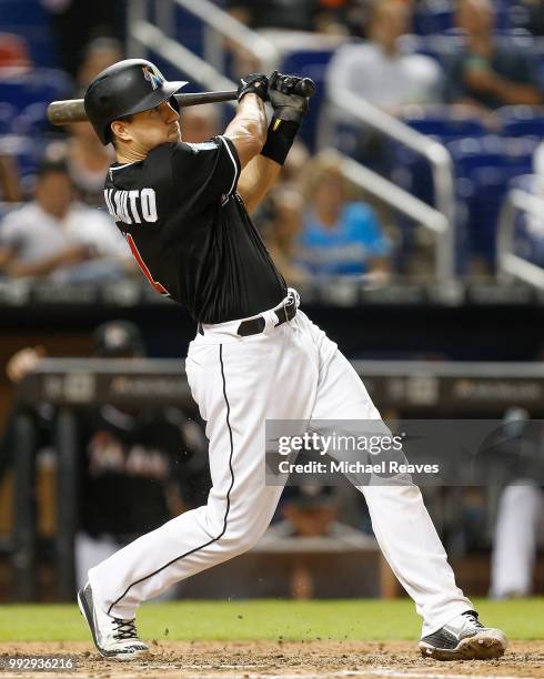 Realmuto of the Miami Marlins in action against the Miami Marlins at Marlins Park on June 29, 2018 in Miami, Florida.