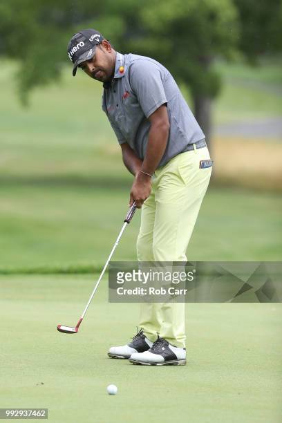 Anirban Lahiri of India putts on the seventh hole during round two of A Military Tribute At The Greenbrier held at the Old White TPC course on July...