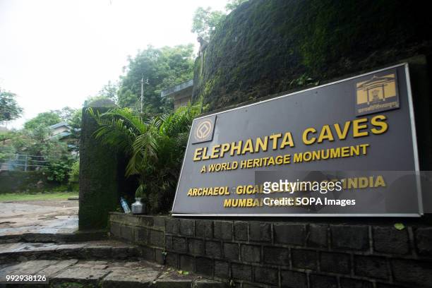 Bill board and entrance of Elephanta Caves. After 70 years of Independence power supply has finally reached Elephanta Caves near Mumbai through a...