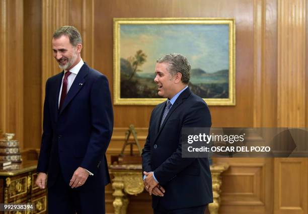 Colombian president-elect Ivan Duque meets Spanish King Felipe VI at La Zarzuela palace in Madrid on July 06, 2018.