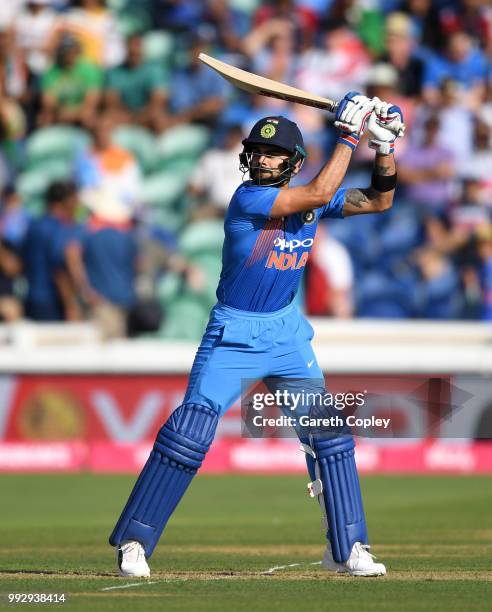 Virat Kohli of India bats during the 2nd Vitality International T20 match between England and India at SWALEC Stadium on July 6, 2018 in Cardiff,...