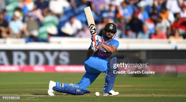 Suresh Raina of India bats during the 2nd Vitality International T20 match between England and India at SWALEC Stadium on July 6, 2018 in Cardiff,...