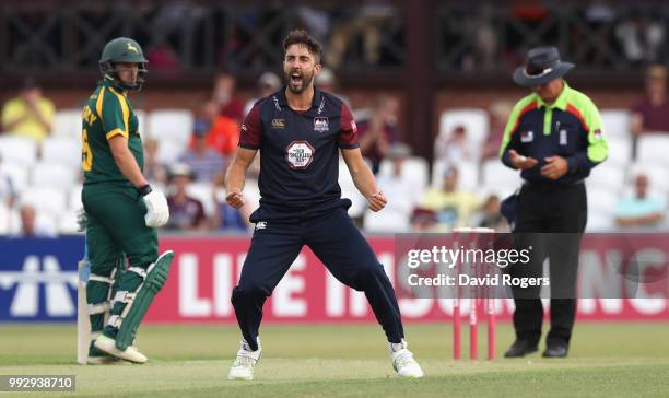 Ben Sanderson of Northamptonshire celebrates after bowling Riki Wessels during the Vitality Blast match between Northamptonshire Steelbacks and...