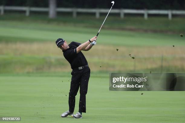 Tyler Duncan hits on the seventh hole during round two of A Military Tribute At The Greenbrier held at the Old White TPC course on July 6, 2018 in...