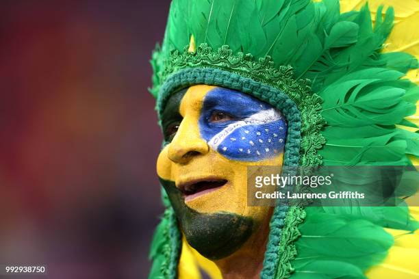 Brazil fan enjoys the pre match atmosphere prior to the 2018 FIFA World Cup Russia Quarter Final match between Brazil and Belgium at Kazan Arena on...