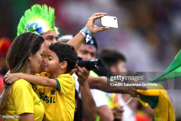 Brazil fans enjoy the pre match atmosphere prior to the 2018 FIFA World Cup Russia Quarter Final match between Brazil and Belgium at Kazan Arena on...