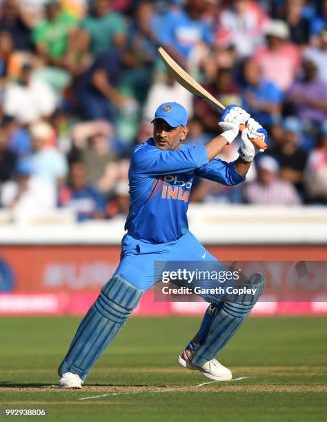 Dhoni of India bats during the 2nd Vitality International T20 match between England and India at SWALEC Stadium on July 6, 2018 in Cardiff, Wales.