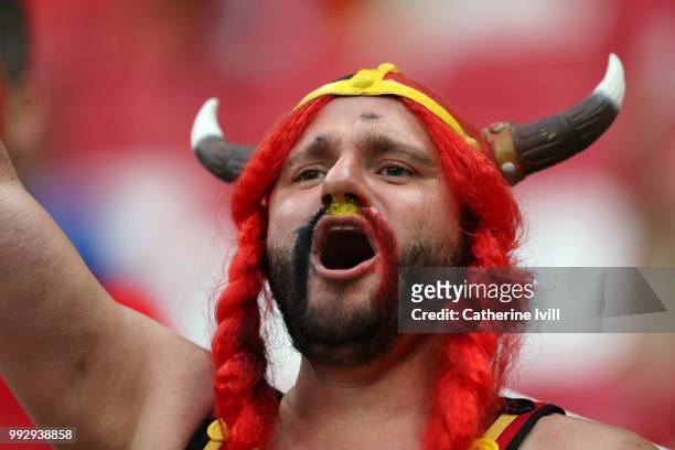 Belgium fan enjoys the pre match atmosphere prior to the 2018 FIFA World Cup Russia Quarter Final match between Brazil and Belgium at Kazan Arena on...