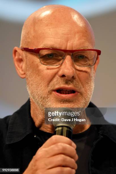 Presenter Brian Eno on stage during the Nordoff Robbins' O2 Silver Clef Awards ceremony at Grosvenor House, on July 6, 2018 in London, England.