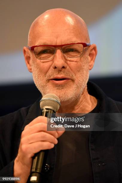 Presenter Brian Eno on stage during the Nordoff Robbins' O2 Silver Clef Awards ceremony at Grosvenor House, on July 6, 2018 in London, England.