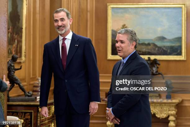 Colombian president-elect Ivan Duque meets Spanish King Felipe VI at La Zarzuela palace in Madrid on July 06, 2018.