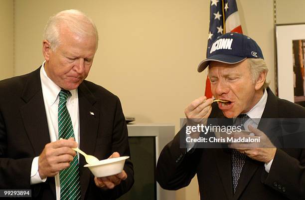 Sen. Saxby Chambliss, R-Ga., and Sen. Joseph Lieberman, D-Ct., enjoy Georgia peach cobbler in Lieberman's office - Chambliss lost a bet over the NCCA...