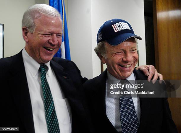 Sen. Saxby Chambliss, R-Ga., and Sen. Joseph Lieberman, D-Ct., enjoy Georgia peach cobbler in Lieberman's office - Chambliss lost a bet over the NCCA...