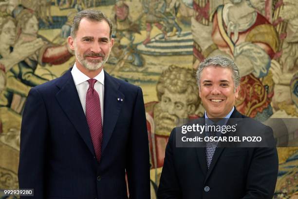 Colombian president-elect Ivan Duque meets Spanish King Felipe VI at La Zarzuela palace in Madrid on July 06, 2018.