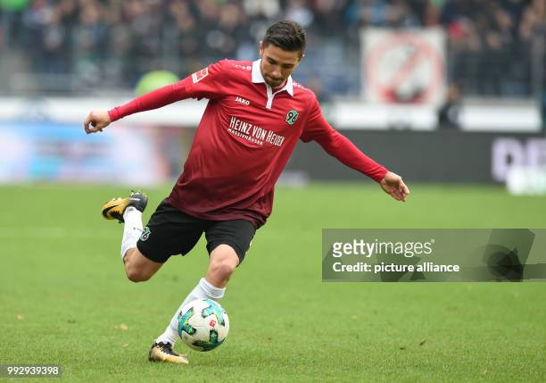 Hanover's Julian Korb in action during the Bundesliga soccer match between Hanover 96 and Borussia Dortmund in the HDI Arena in Hanover, Germany, 28...